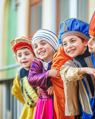 Happy children in eastern-inspired Purim costumes
