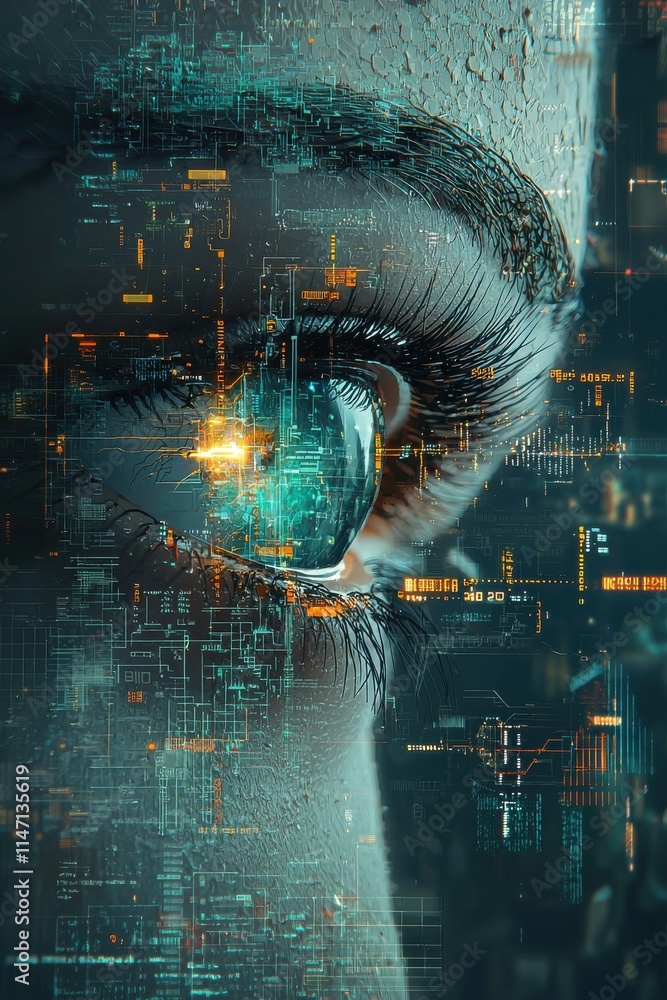 Poster futuristic digitally enhanced eye with glowing complex data patterns