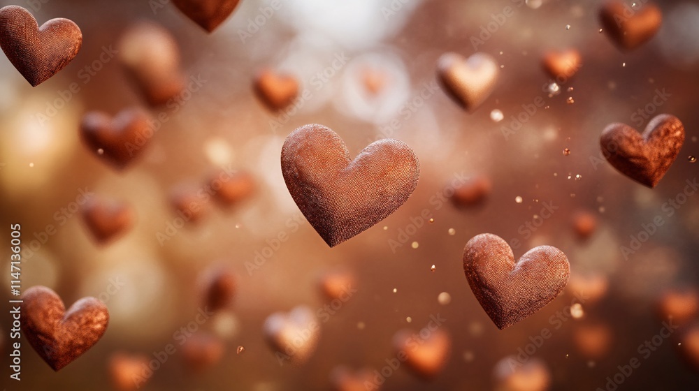 Poster a beautiful array of floating textured hearts in warm, soft tones, creating a romantic atmosphere.