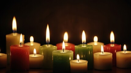 Many colorful candles burning in the dark.