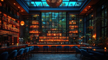 Luxurious bar with a glass ceiling, showcasing an extensive liquor collection and comfortable seating.