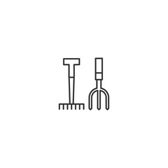 Simple line icons of gardening tools rake and pitchfork