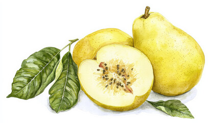 Fresh guava with vibrant yellow skin and green leaves, showcasing playful style