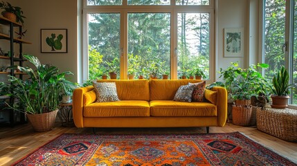 A bohemian living room with layered rugs, vibrant textiles, and a mix of rattan and velvet furniture.
