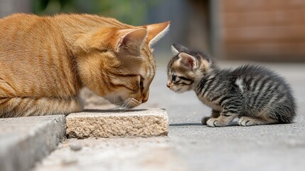 Ginger cat meeting a striped kitten face to face