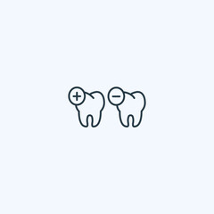 Minimalist icons of tooth with plus and minus signs on light background