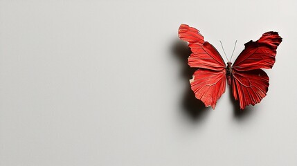 Red butterfly with open wings on a white background is creating a beautiful contrast