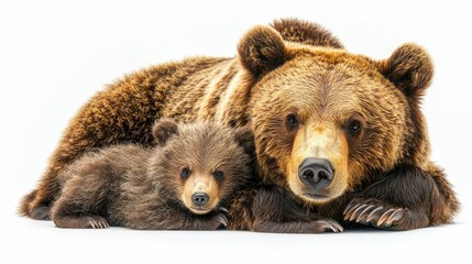 Fototapeta premium A mother bear and her cub resting together, showcasing their bond and tenderness.