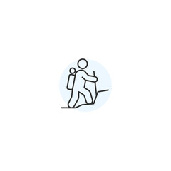 Minimalist hiking icon featuring person with backpack and walking stick