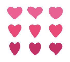 Abstract different-textured hearts set on a transparent background. Design vector elements for Valentine's Day. Grunge crayon doodle stroke line.