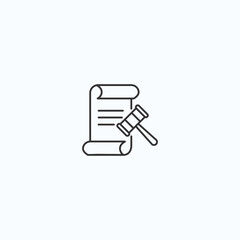 Outline icon of legal document with gavel representing law and justice concepts