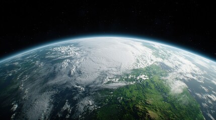 Fototapeta premium Planet Earth viewed from space, showing clouds, land, and atmosphere.