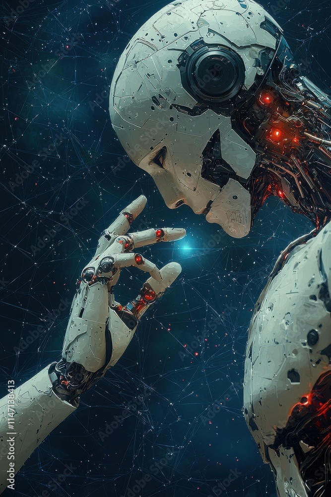 Aufkleber futuristic robot interacting with glowing network in a sci-fi digital space
