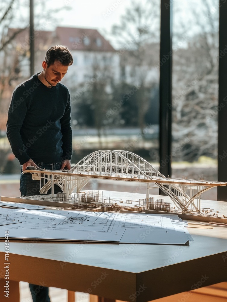 Poster Civil engineer inspects detailed bridge model illustrating innovative design and structural integrity in a bright workspace. Generative AI