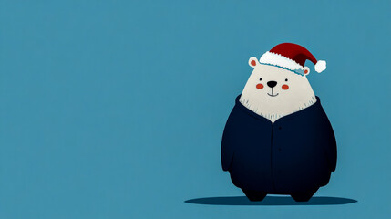 A charming illustration of a cute bear in a Santa hat and coat, standing against a plain blue background, conveying warmth and festive holiday cheer.
