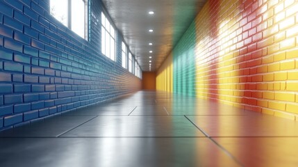 Obraz premium Colorful brick wall corridor with bright natural light and shiny tiled floor, modern architecture interior for office or school hallway, vibrant tones creating cheerful welcoming atmosphere