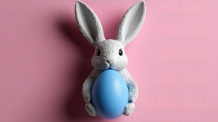 Fototapeta premium Easter bunny holding a blue egg on a pink background