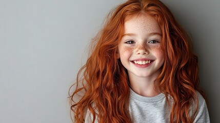 Fototapeta premium Portrait of smiling redhead child with freckles showing healthy teeth
