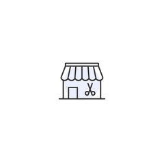 Minimalist barber shop icon with scissors and awning on white background