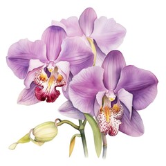 Charming watercolor orchids in rich shades of purple with intricate petal details and speckled centers. Perfect for artistic projects, interior decor, botanical themes. Elegant and captivating.