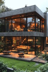 Fototapeta premium Modern Villa with Glass Facade and Ambient Lighting During Dusk