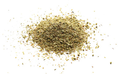 Pile of dried oregano leaves isolated on white background
