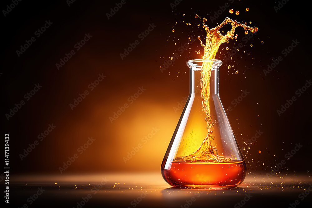 Poster chemical flask erupts with vibrant orange liquid, creating dynamic splashes. scene captures essence 