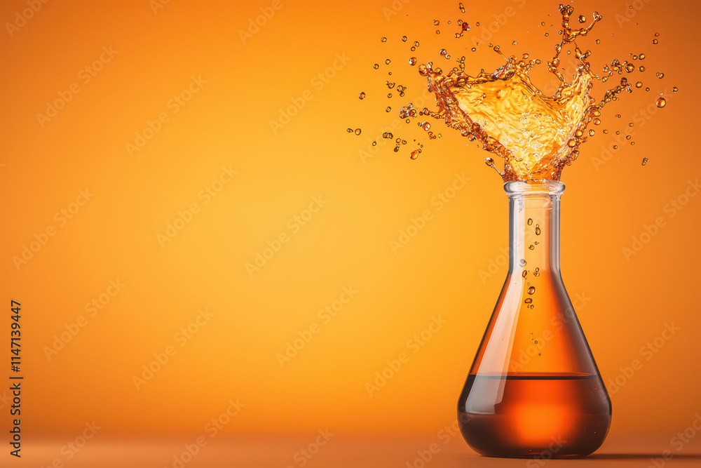 Poster close up of chemical flask breaking open, splashing orange liquid. vibrant colors create energetic a