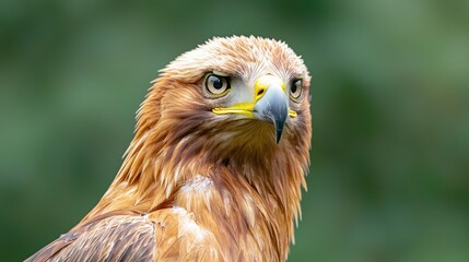 Obraz premium Close-up portrait of a golden eagle's head and neck, showing its intense gaze and detailed feathers against a blurred green background.