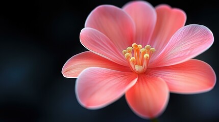 Fototapeta premium Delicate pink flower blossom with soft petals and golden stamens close-up, ideal for nature photography, floral design, spring decoration, romantic themes, blurred dark background, elegant mood