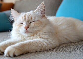A fluffy white cat lounging peacefully on a couch.