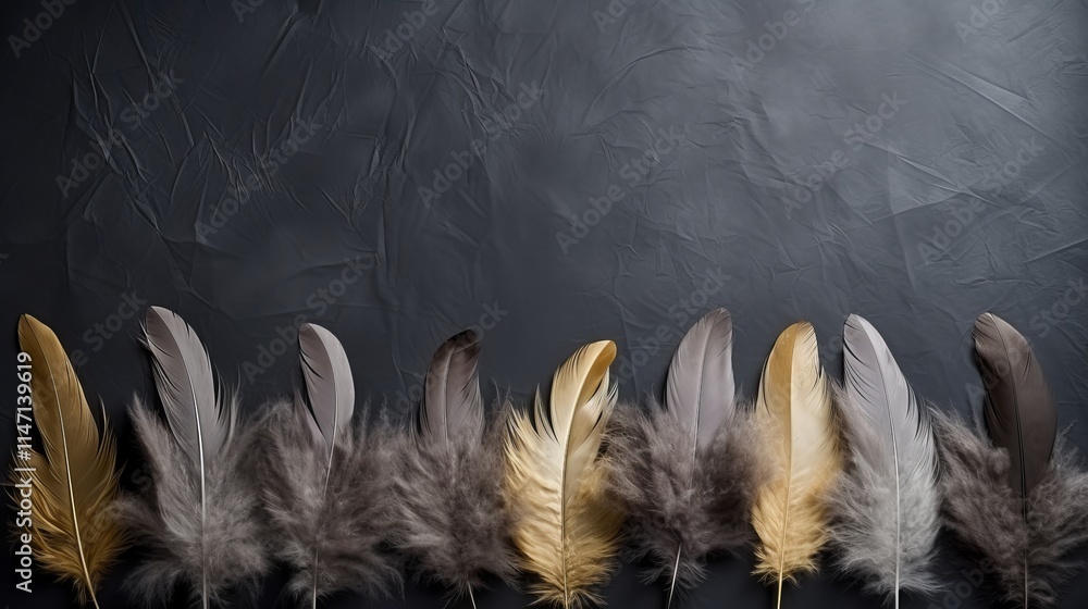 Poster feathers artfully arranged against a dark backdrop to create a striking display. generative ai