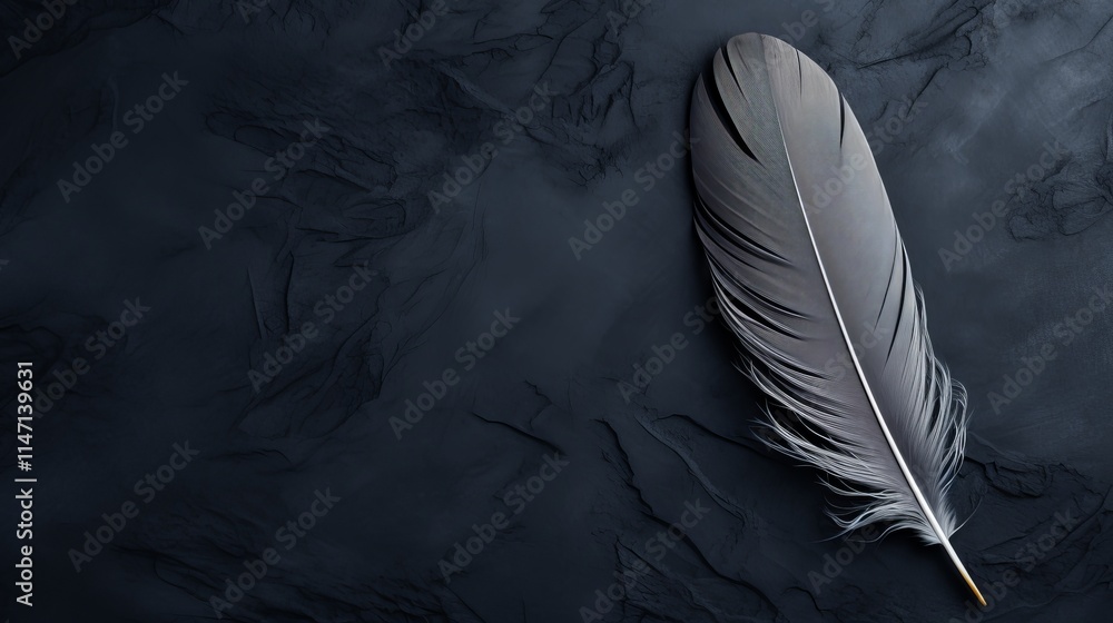 Poster elegant black feather resting on a textured dark surface. generative ai