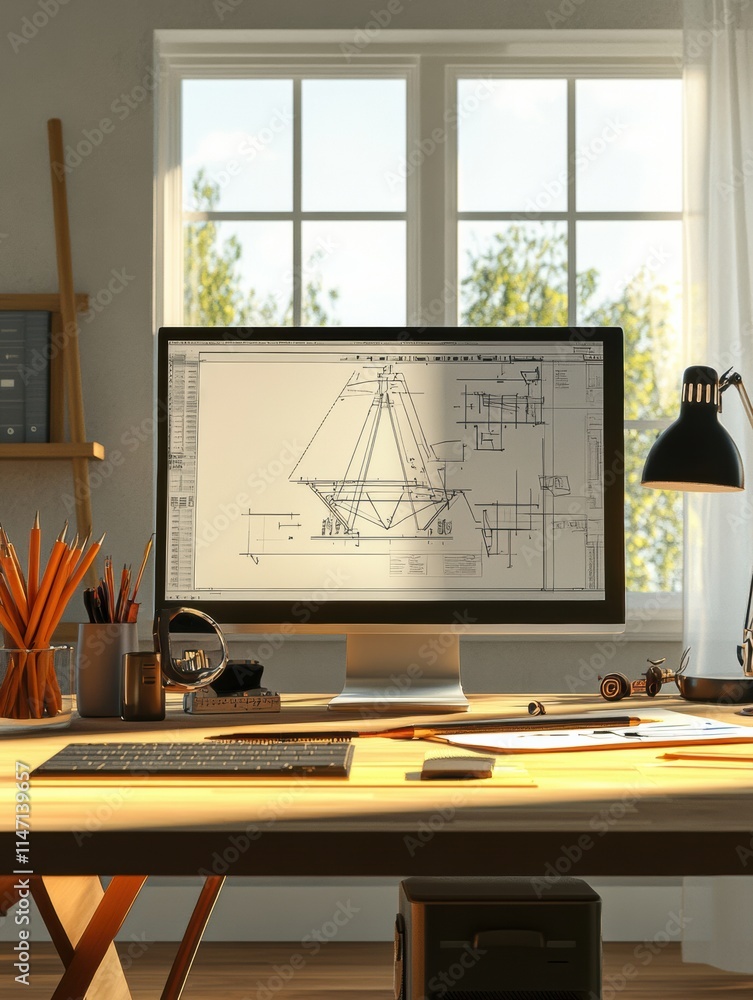 Leinwandbilder modern engineering desk setup with technical drawings and workspace organization during daylight hou