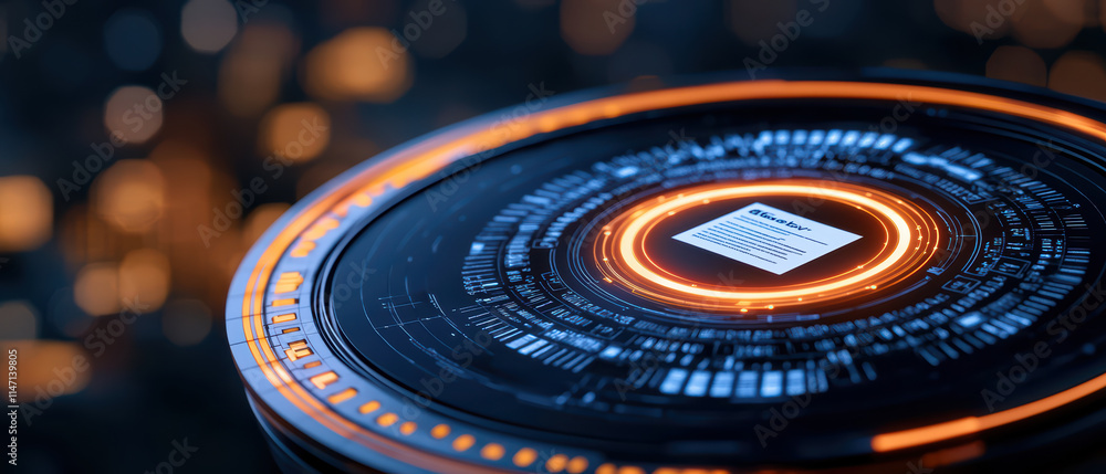 Poster close up view of digital contract displayed on futuristic interface, showcasing intricate details an