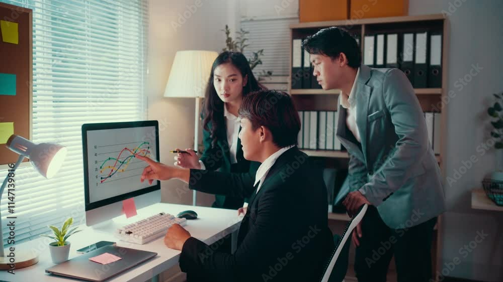 Poster business professionals collaborating, analyzing financial graphs on computer screen, discussing stra