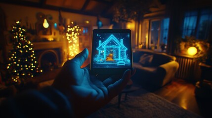Hand holding a device displaying a glowing house scene.