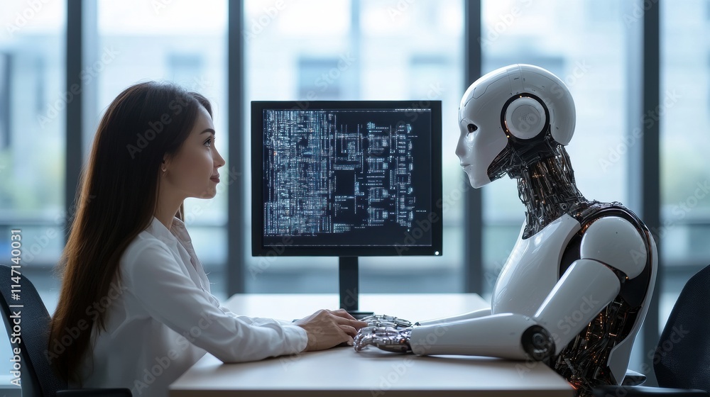 Poster collaboration between human and ai in a modern workspace during daylight hours. generative ai