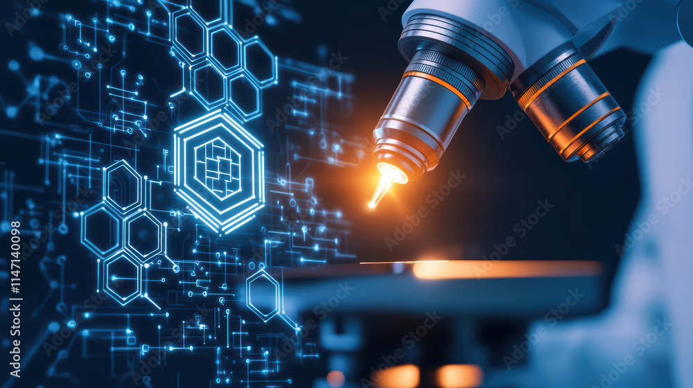 Poster close up of microscope with glowing elements and digital patterns, showcasing advanced technology an