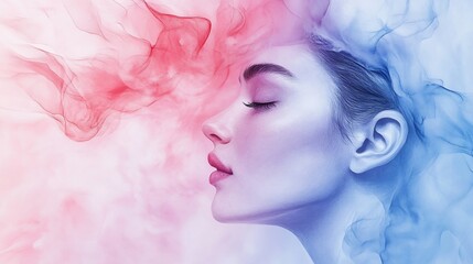 Serene woman's profile enveloped in colorful smoke.