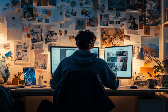 Graphic designer working late at night in a creative workspace filled with inspiration and multiple screens
