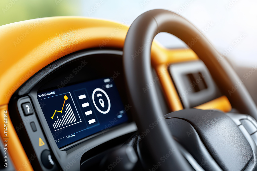 Poster close up view of digital dashboard in driverless vehicle, showcasing advanced technology and data vi