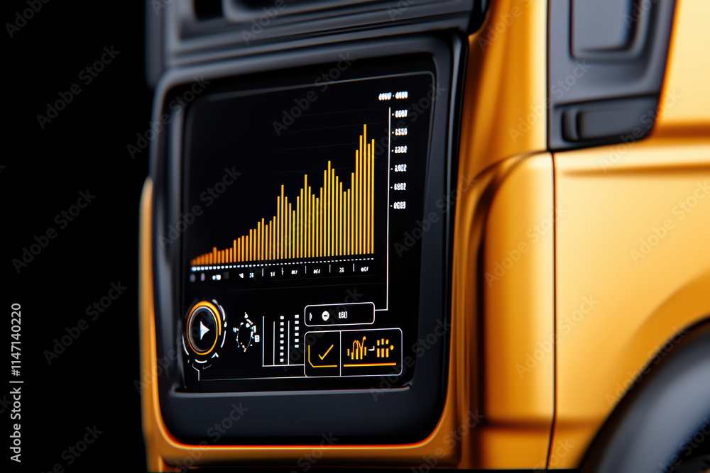 Poster close up of digital dashboard displaying data metrics in driverless vehicle, showcasing vibrant grap