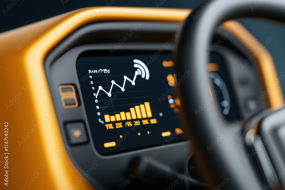 Poster close up of digital dashboard displaying data analytics in driverless vehicle, showcasing graphs and