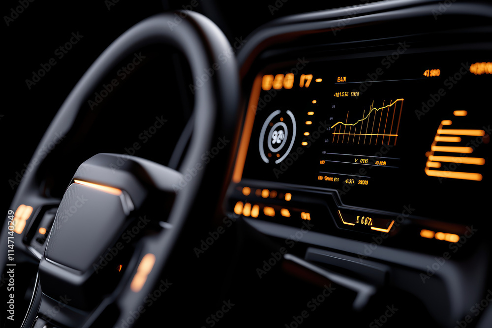 Poster close up view of digital dashboard in driverless vehicle, showcasing advanced technology and data vi