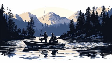 Two fishermen enjoy a tranquil morning on a serene river surrounded by mountains. Generative AI