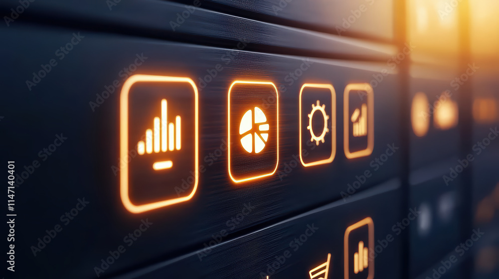 Poster digital interface with glowing icons representing data analysis and settings