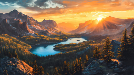 Sunrise over mountainous terrain, where golden light dances across craggy outcroppings, emerald forests, and turquoise lakes, evoking a sense of awe and adventure. Craggy. Illustration