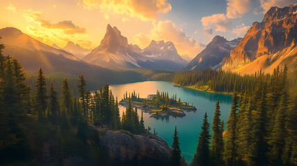 Sunrise over mountainous terrain, where golden light dances across craggy outcroppings, emerald forests, and turquoise lakes, evoking a sense of awe and adventure. Craggy. Illustration