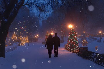 Obraz premium Couple walking hand-in-hand through a snow-covered path at night